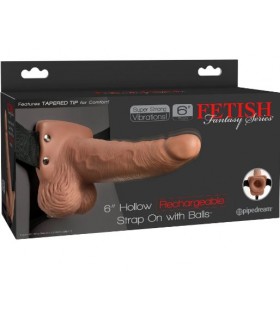 6" HOLLOW RECHARGEABLE STRAP-ON WITH BALLS TAN